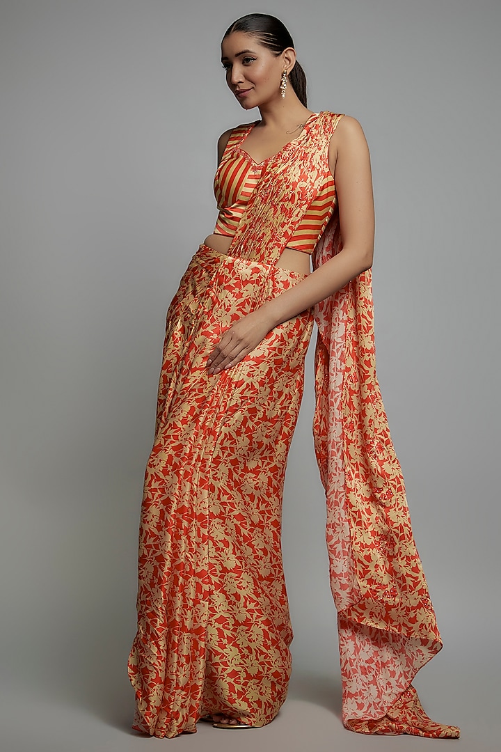 Red Chamois Satin Stripe Printed Pre-Stitched Wedding Saree Set by Yashodhara at Pernia's Pop Up Shop