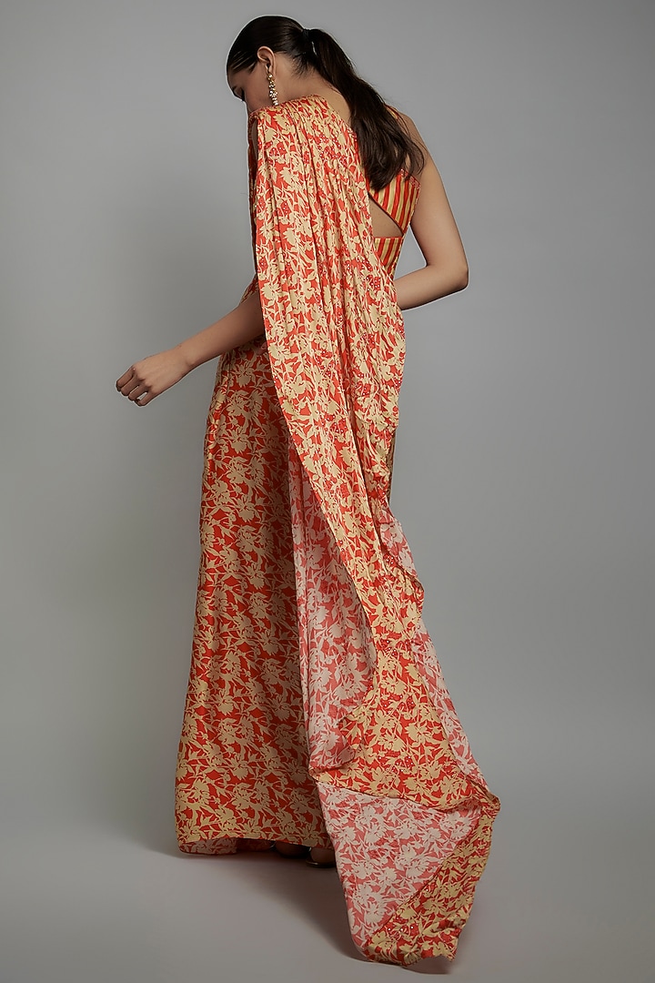 Red Chamois Satin Stripe Printed Pre-Stitched Wedding Saree Set by Yashodhara at Pernia's Pop Up Shop