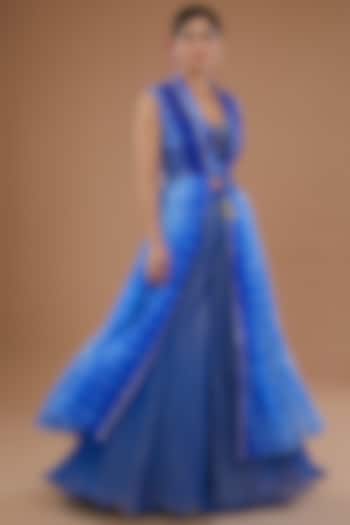 Blue Chiffon & Organza Shibori Printed Jacket Set by Yashodhara at Pernia's Pop Up Shop