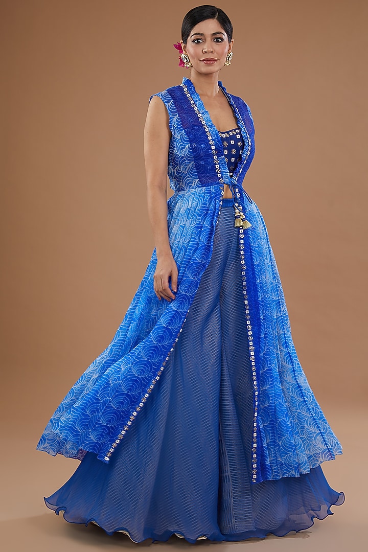 Blue Chiffon & Organza Shibori Printed Jacket Set by Yashodhara at Pernia's Pop Up Shop