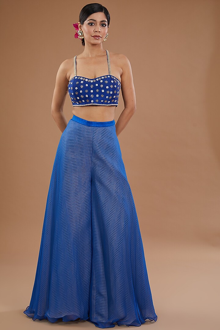 Blue Chiffon & Organza Shibori Printed Jacket Set by Yashodhara at Pernia's Pop Up Shop