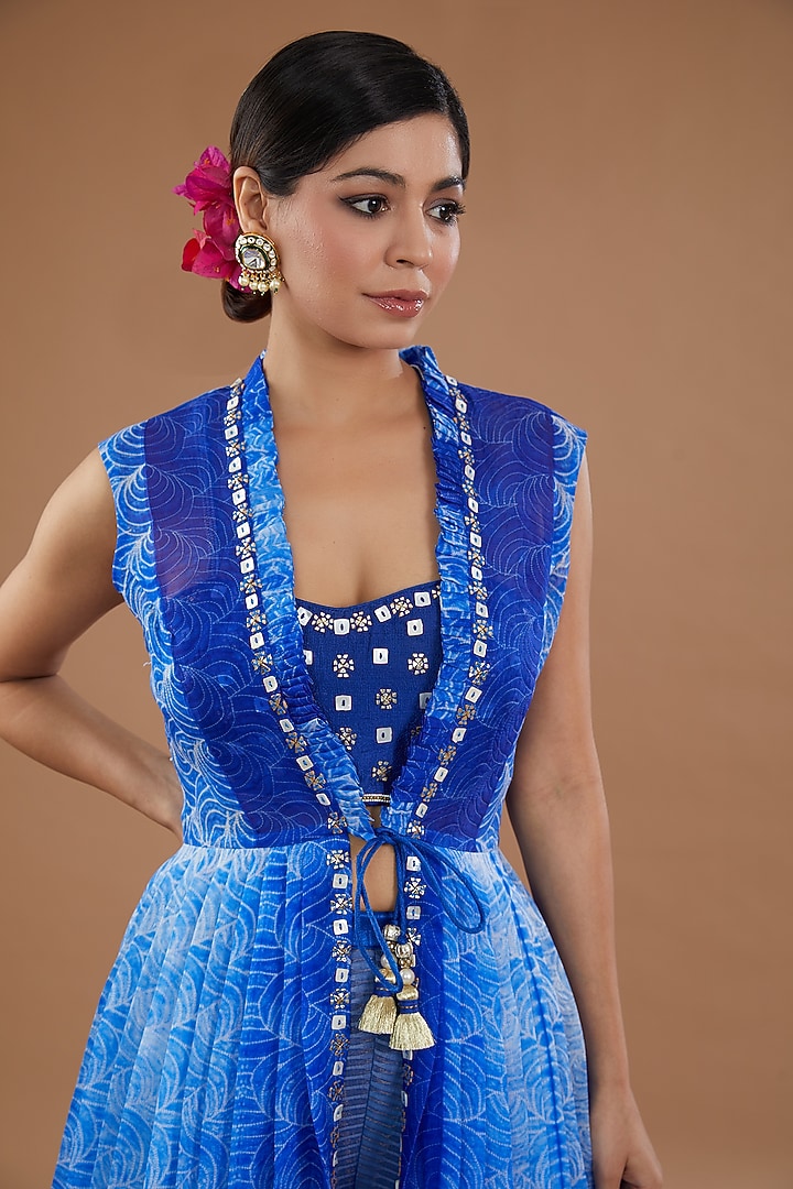 Blue Chiffon & Organza Shibori Printed Jacket Set by Yashodhara at Pernia's Pop Up Shop