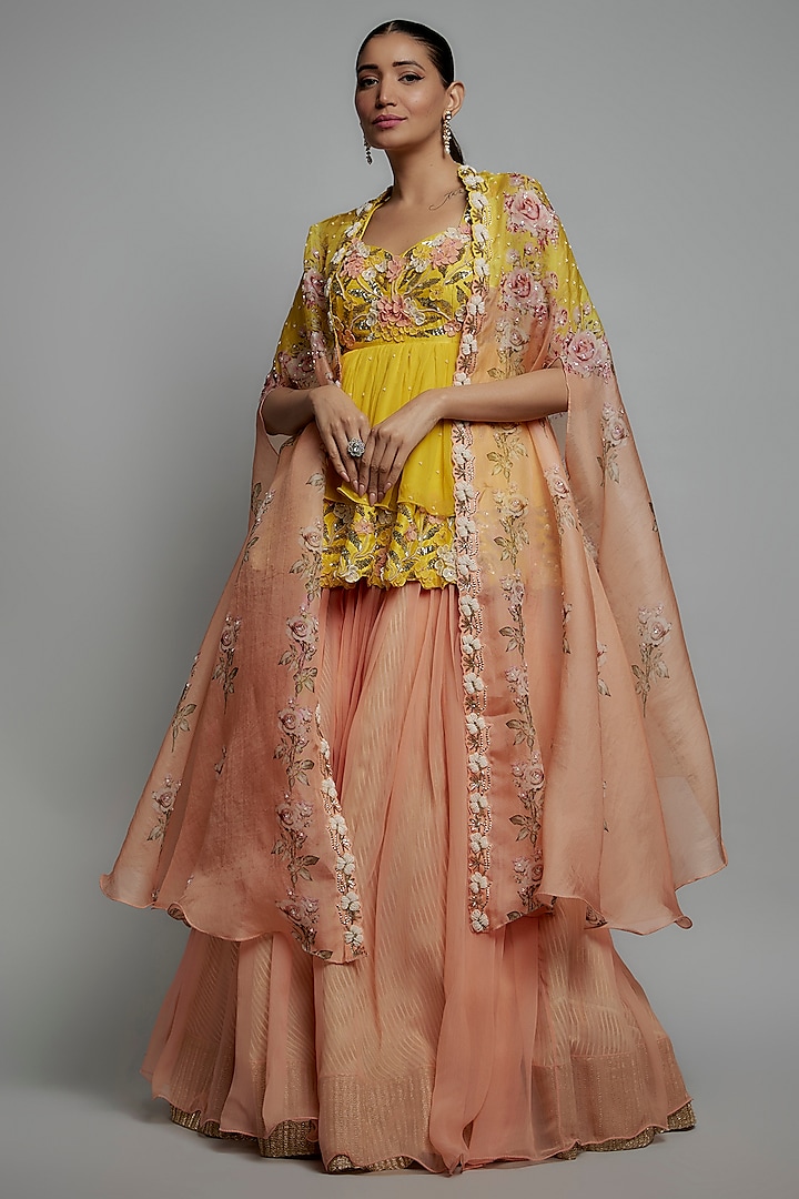 Brick & Yellow Organza Jacket Bridal Lehenga Set by Yashodhara at Pernia's Pop Up Shop