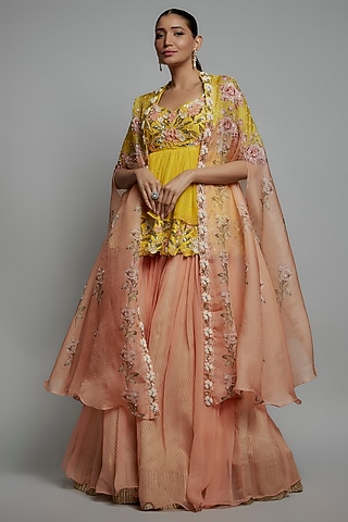 Brick & Yellow Organza Jacket Lehenga Set by Yashodhara
