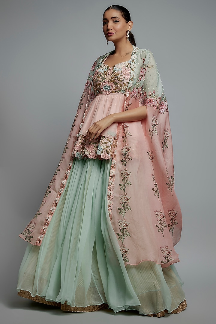 Pink & Aqua Organza Jacket Bridal Lehenga Set by Yashodhara at Pernia's Pop Up Shop