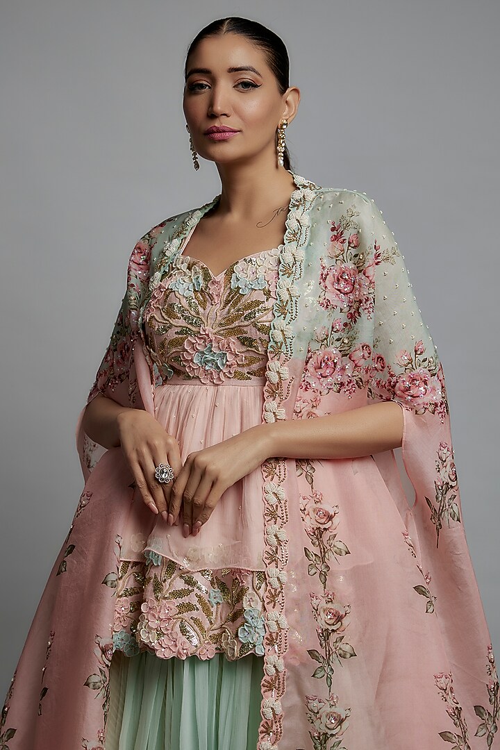 Pink & Aqua Organza Jacket Bridal Lehenga Set by Yashodhara at Pernia's Pop Up Shop