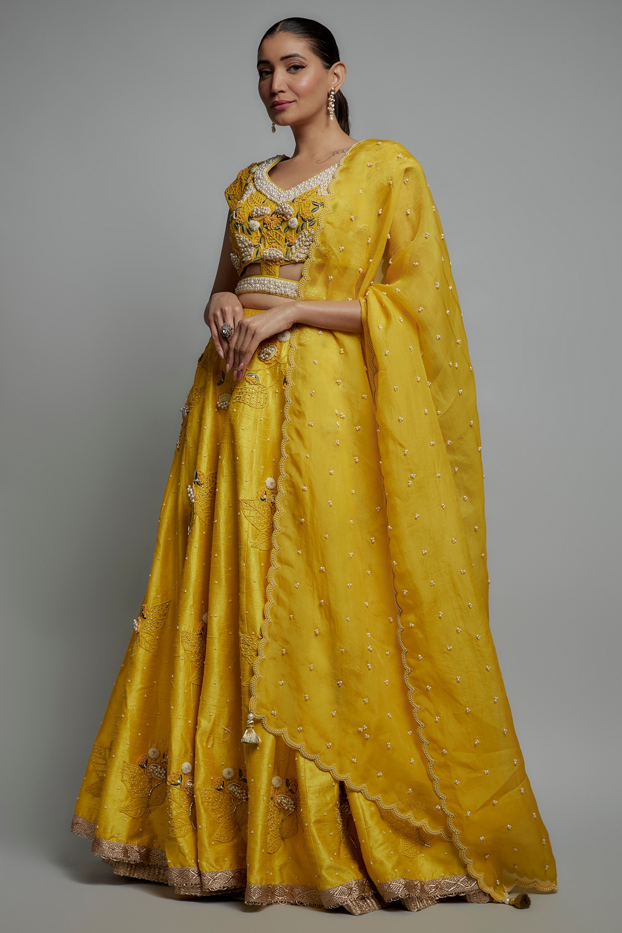 Bhumika Sharma Zardozi Embroidered Lehenga Set | Yellow, Floral, Raw Silk,  High Neck, Short Sleeves | Raw silk, Aza fashion, Fashion