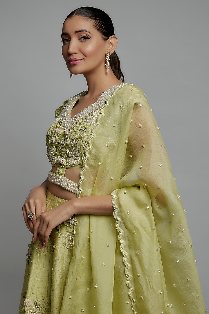 Jade Raw Silk Embroidered Bridal Lehenga Set by Yashodhara at Pernia's Pop Up Shop
