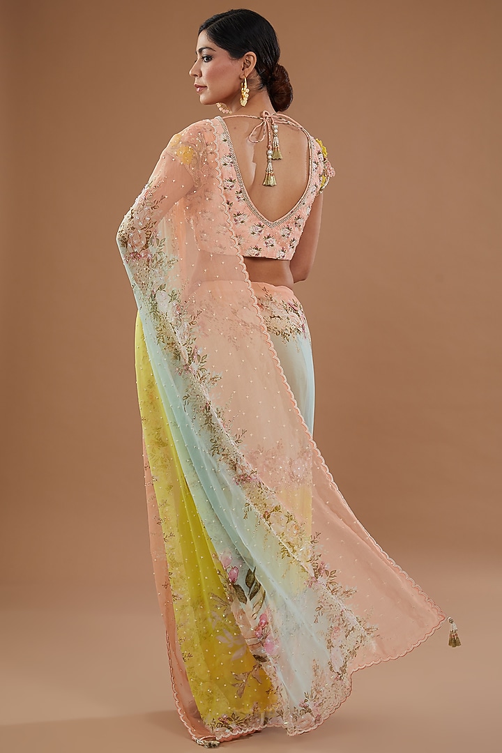 Multi-Colored Chiffon Printed Wedding Saree Set by Yashodhara at Pernia's Pop Up Shop