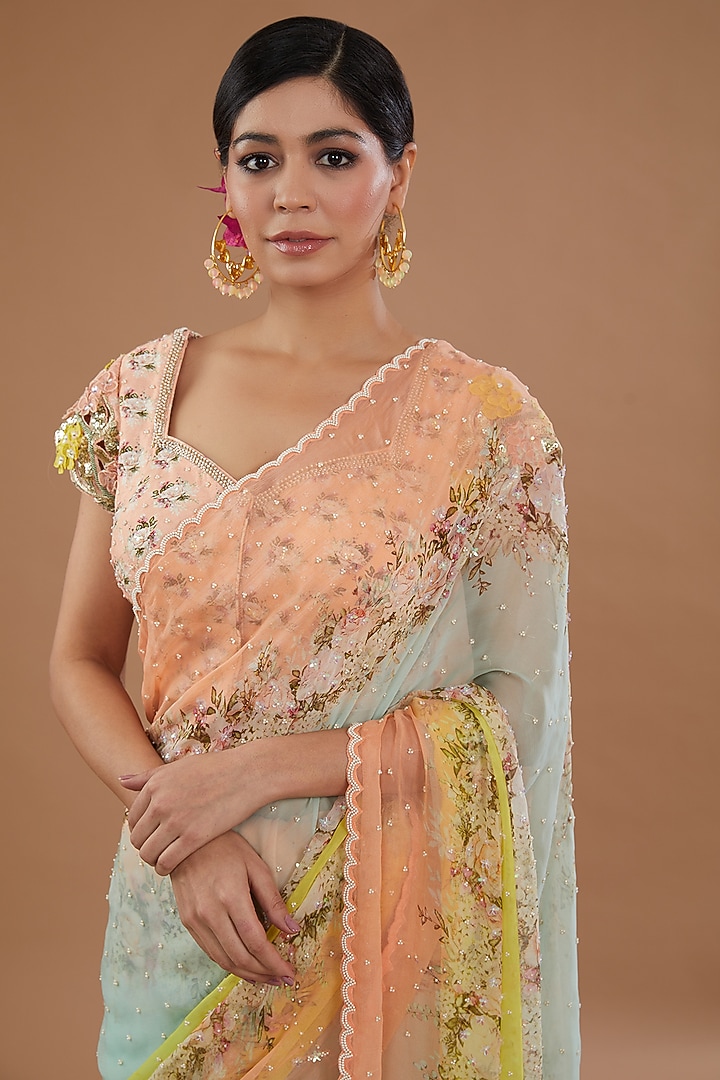 Multi-Colored Chiffon Printed Wedding Saree Set by Yashodhara at Pernia's Pop Up Shop