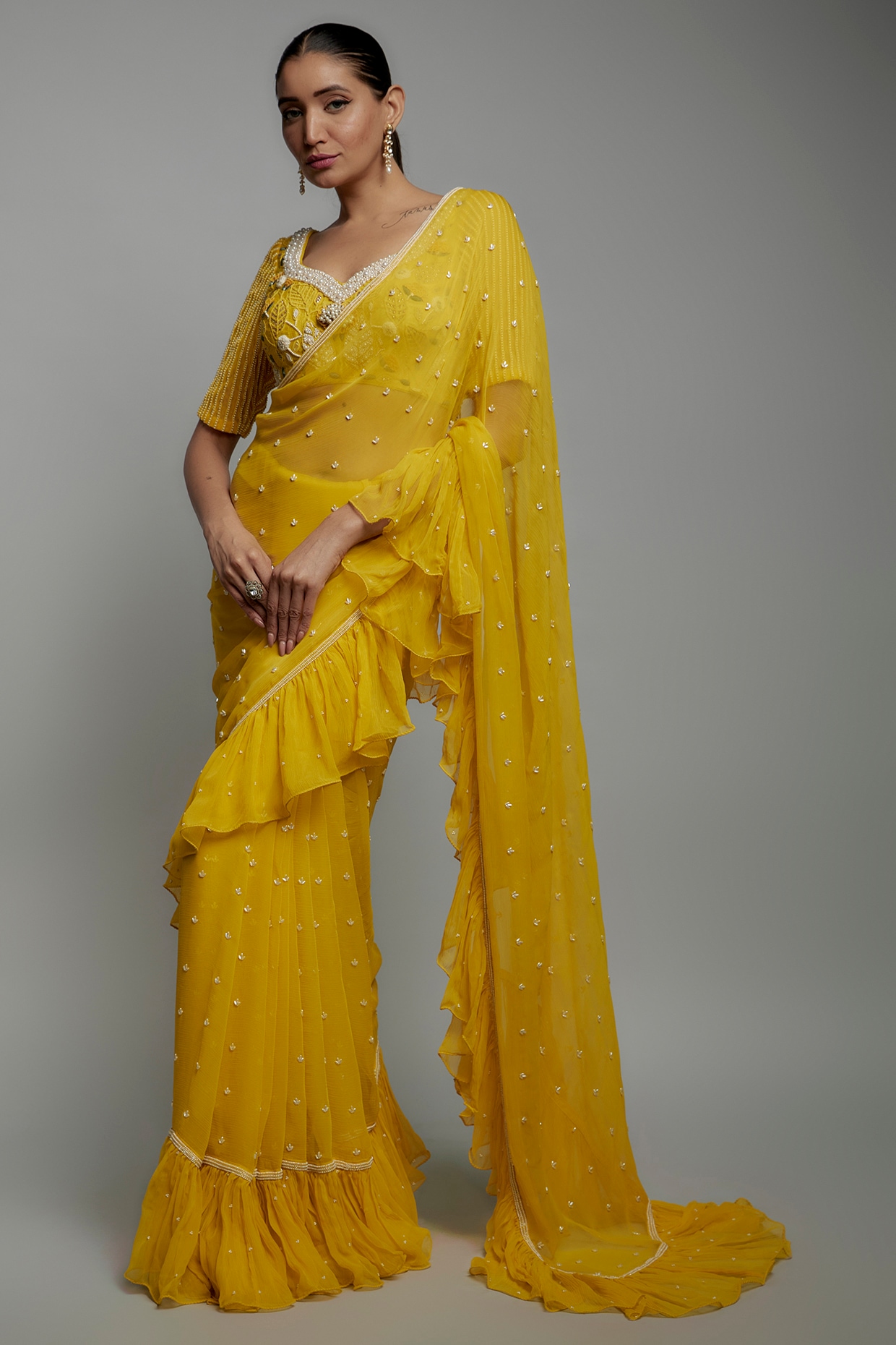 Buy Mahadhya Solid/Plain Bollywood Georgette Yellow Sarees Online @ Best  Price In India | Flipkart.com