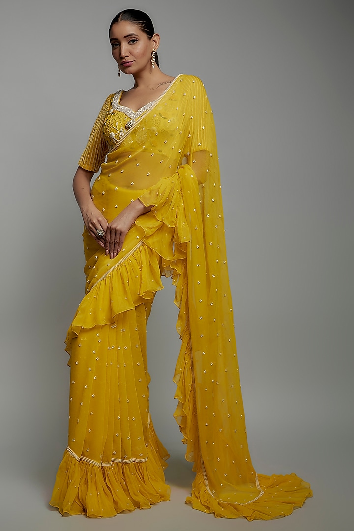 Yellow Chiffon Embroidered Frilled Saree Set by Yashodhara
