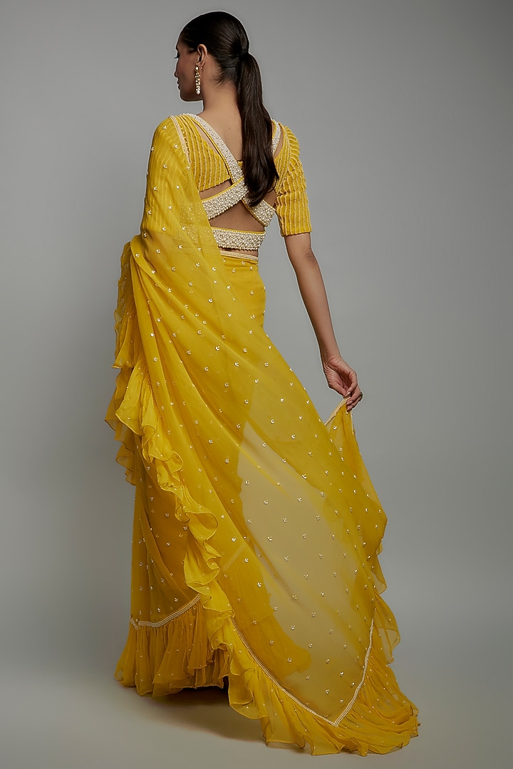 Yellow Chiffon Embroidered Frilled Wedding Saree Set by Yashodhara at Pernia's Pop Up Shop