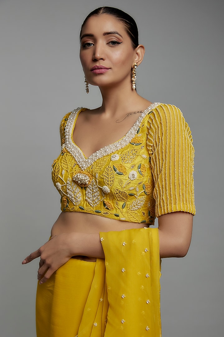 Yellow Chiffon Embroidered Frilled Wedding Saree Set by Yashodhara at Pernia's Pop Up Shop