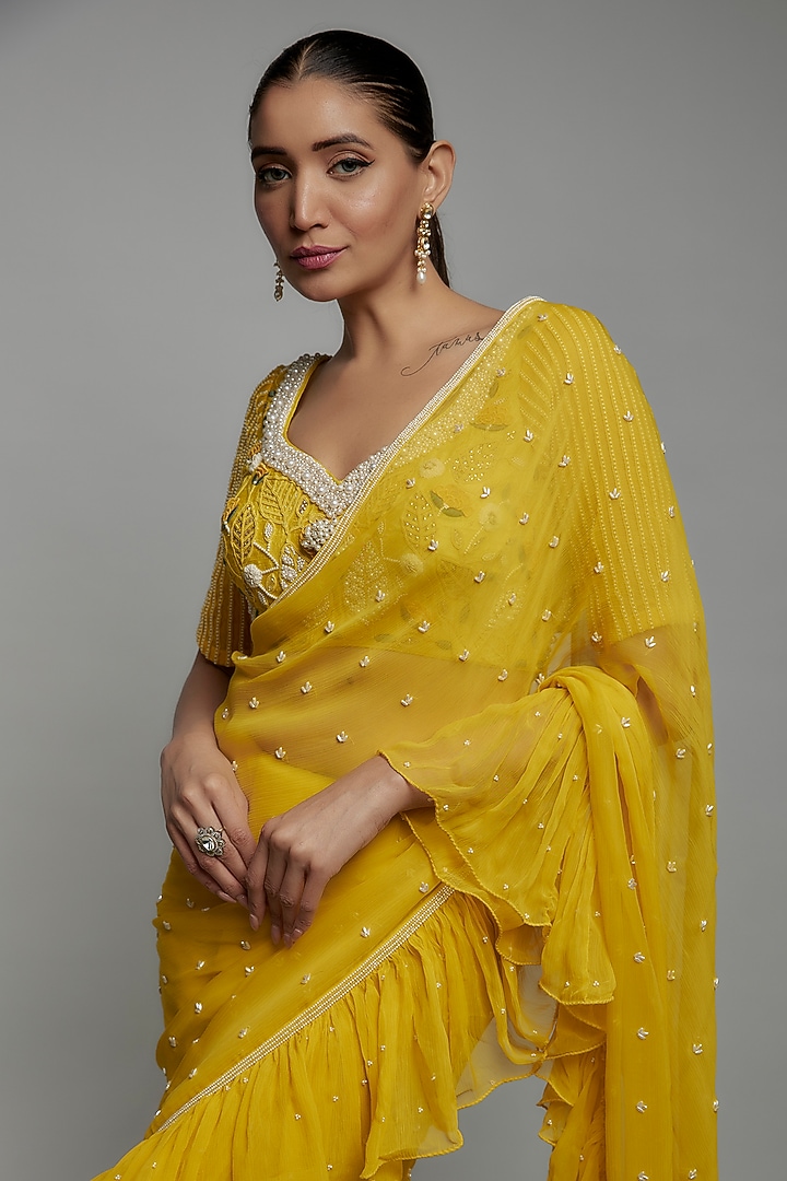 Yellow Chiffon Embroidered Frilled Wedding Saree Set by Yashodhara at Pernia's Pop Up Shop