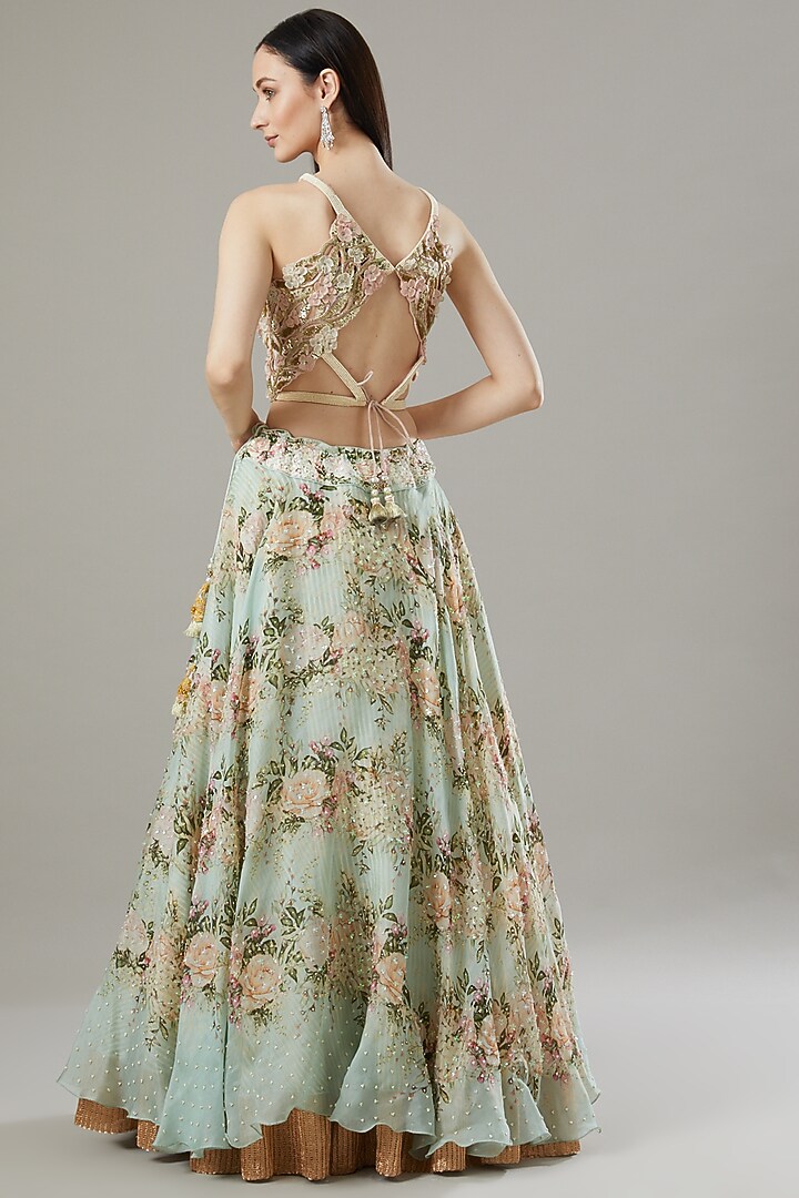 Aqua Organza & Raw Silk Printed Bridal Lehenga Set by Yashodhara at Pernia's Pop Up Shop
