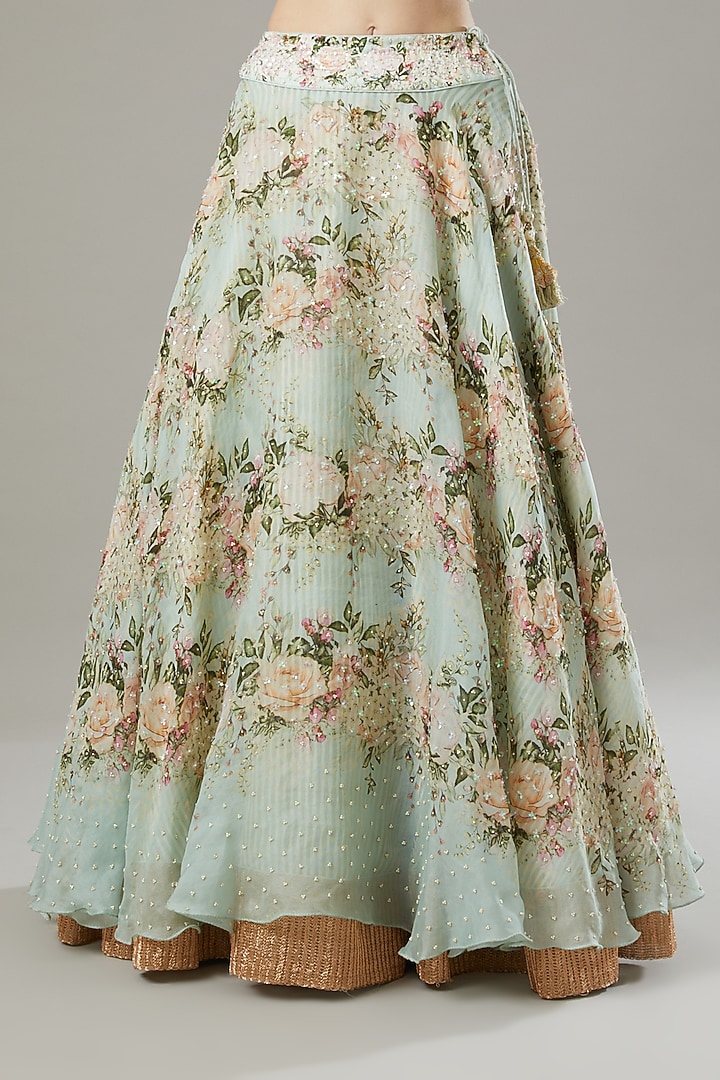 Aqua Organza & Raw Silk Printed Bridal Lehenga Set by Yashodhara at Pernia's Pop Up Shop