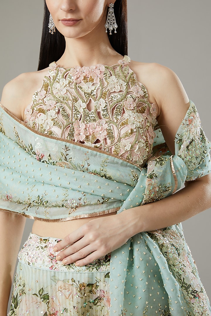 Aqua Organza & Raw Silk Printed Bridal Lehenga Set by Yashodhara at Pernia's Pop Up Shop