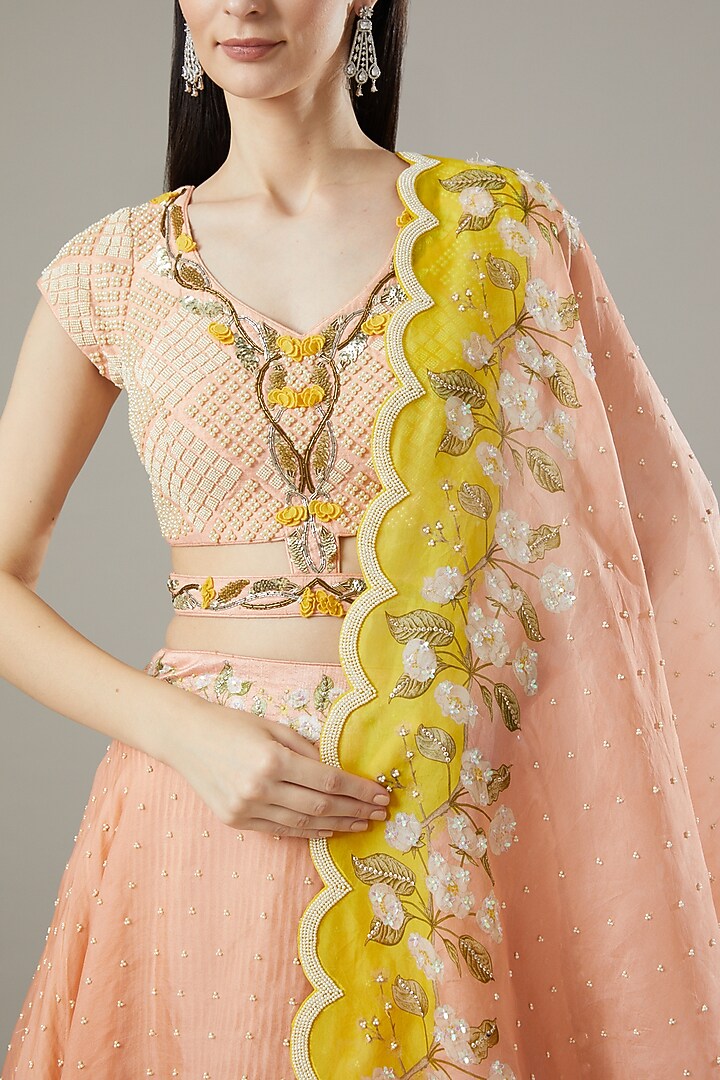 Brick Organza & Raw Silk Printed Wedding Lehenga Set by Yashodhara at Pernia's Pop Up Shop
