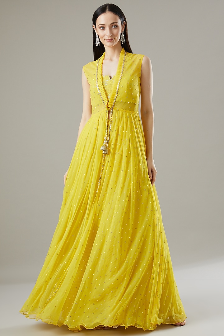Yellow Chiffon, Net & Raw Silk Jacket Set by Yashodhara at Pernia's Pop Up Shop