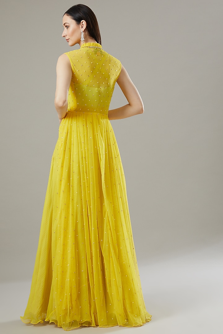 Yellow Chiffon, Net & Raw Silk Jacket Set by Yashodhara at Pernia's Pop Up Shop