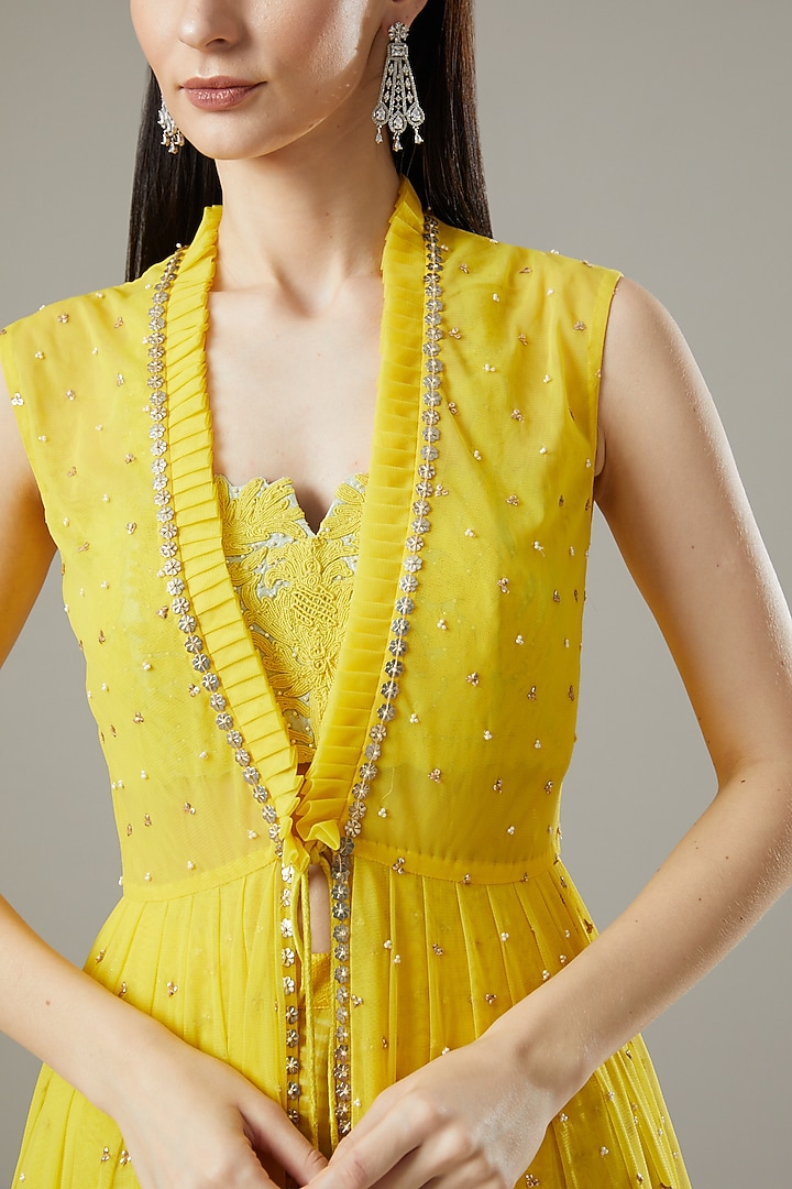 Yellow Chiffon, Net & Raw Silk Jacket Set by Yashodhara at Pernia's Pop Up Shop