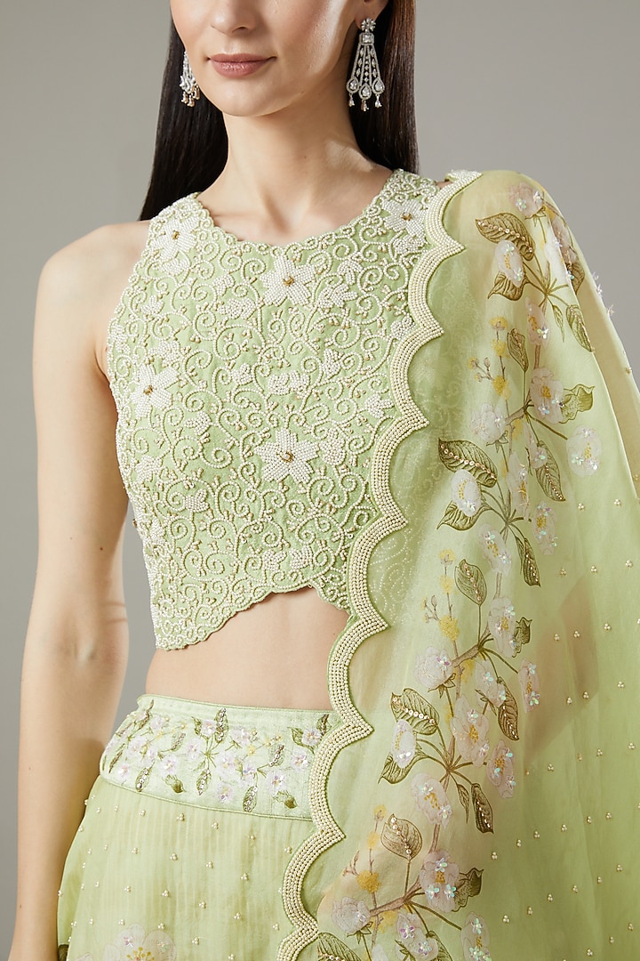 Jade Organza & Raw Silk Printed Wedding Lehenga Set by Yashodhara at Pernia's Pop Up Shop