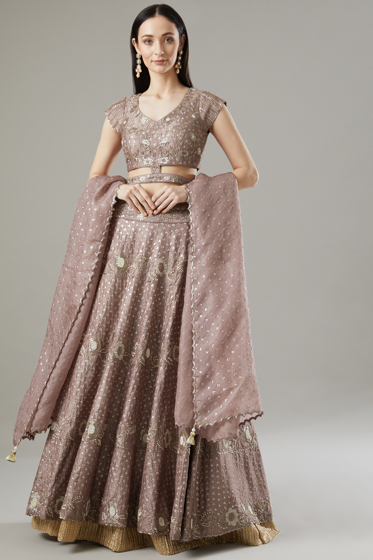 Gallnut Organza & Raw Silk Lehenga Set  by Yashodhara