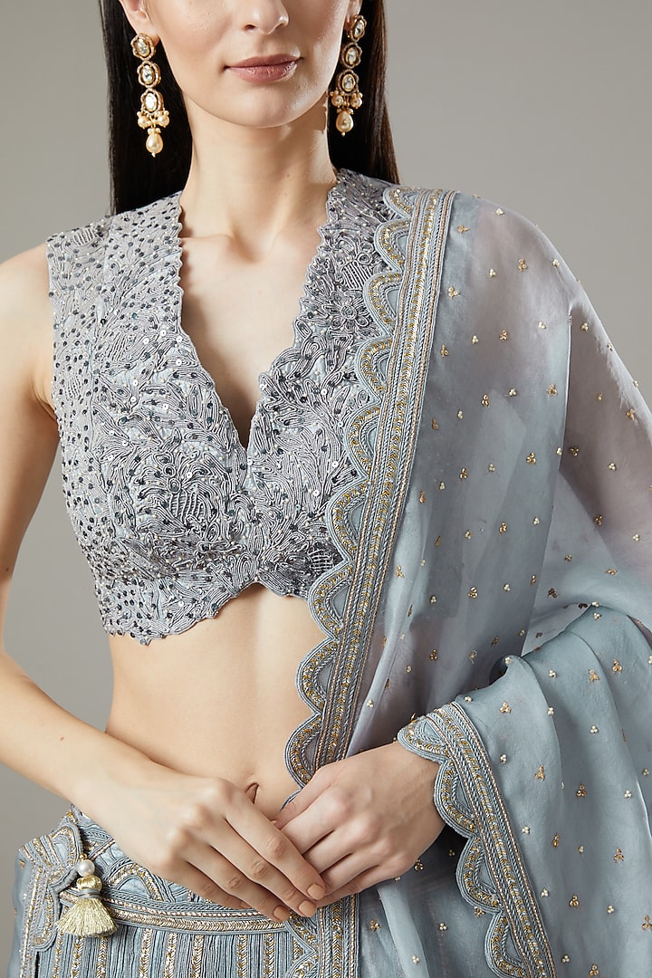 Dull Blue Organza & Raw Silk Bridal Lehenga Set by Yashodhara at Pernia's Pop Up Shop