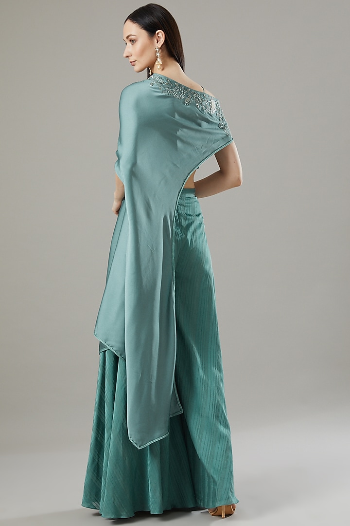 Teal Green Satin Off-Shoulder Cape Set by Yashodhara at Pernia's Pop Up Shop