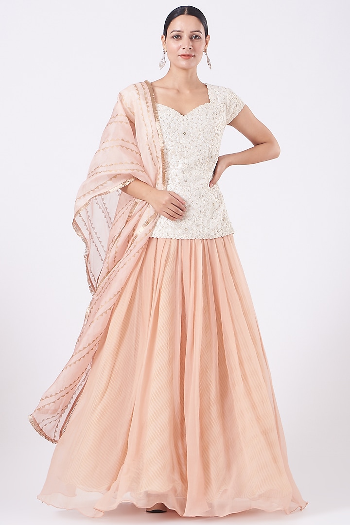 Peach Raw Silk & Chiffon Skirt Set by Yashodhara