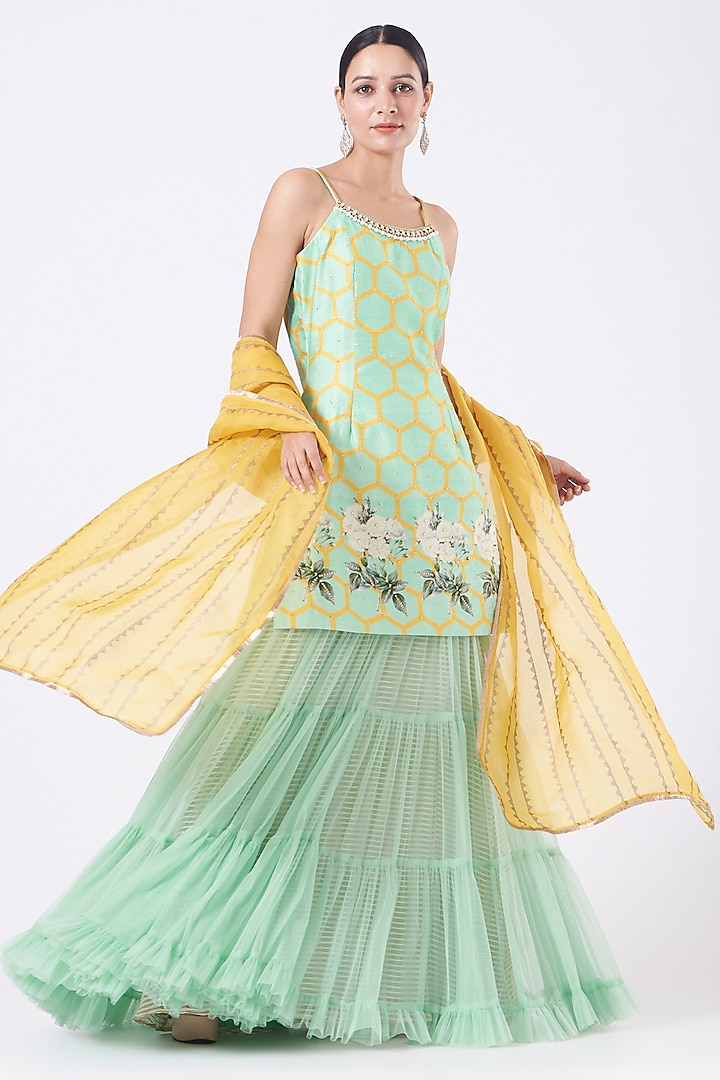 Aqua Green Raw Silk & Net Sharara Set by Yashodhara