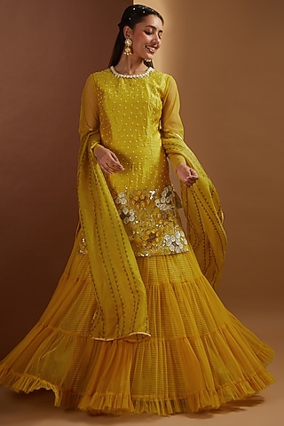 Yellow Raw Silk Sharara Set by Yashodhara