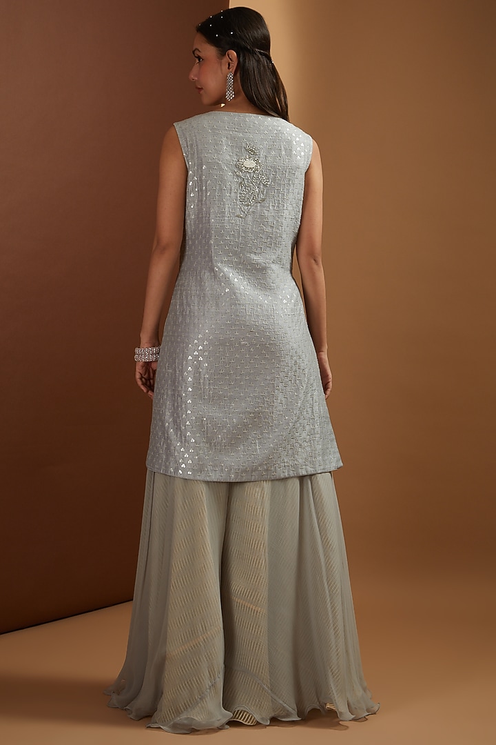 Dull Blue Embroidered Jacket Set by Yashodhara at Pernia's Pop Up Shop
