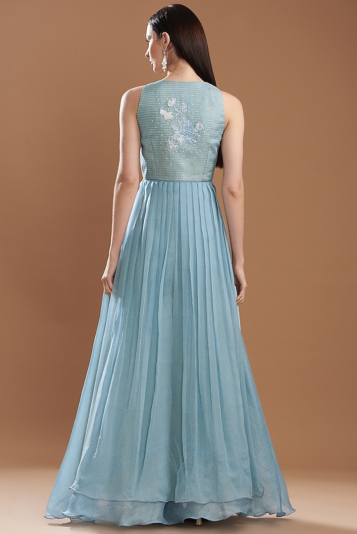 Blue Organza Block Printed Cocktail Dress by Yashodhara at Pernia's Pop Up Shop