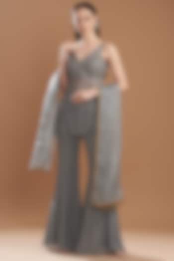 Dark Grey Organza Embroidered Kurta Set by Yashodhara at Pernia's Pop Up Shop