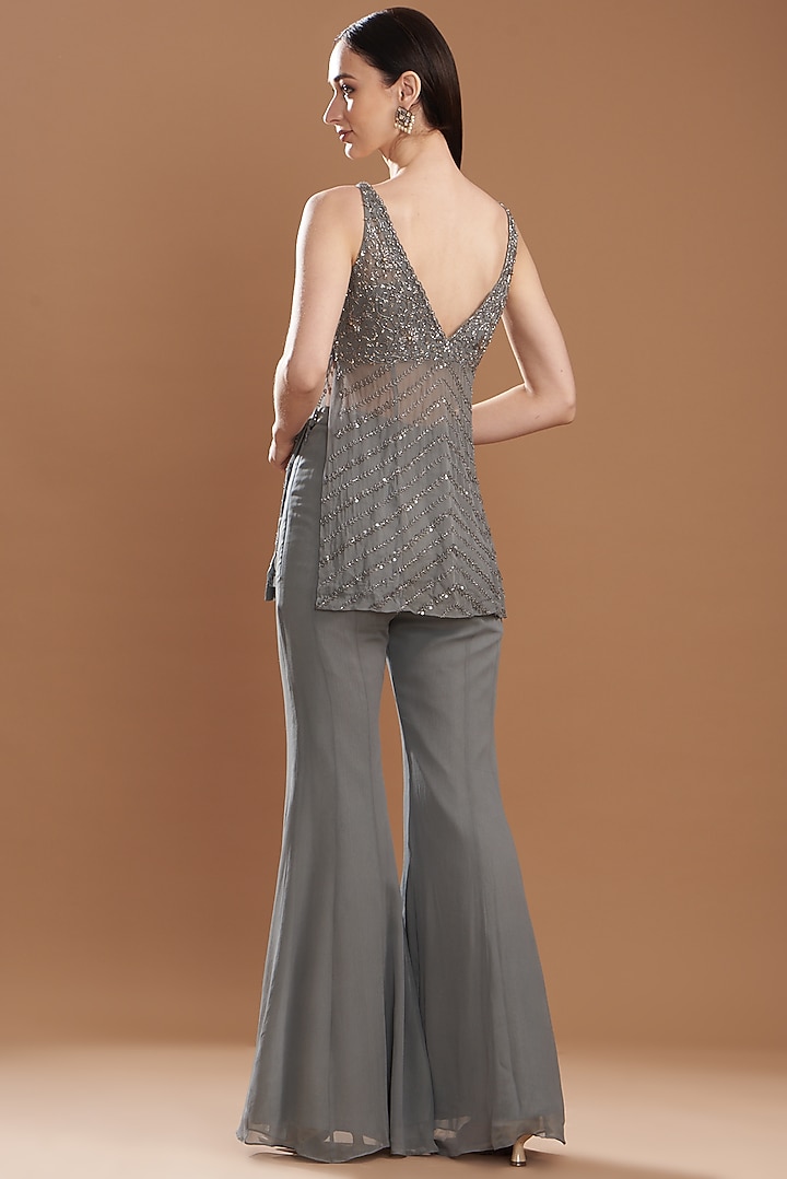 Dark Grey Organza Embroidered Kurta Set by Yashodhara at Pernia's Pop Up Shop
