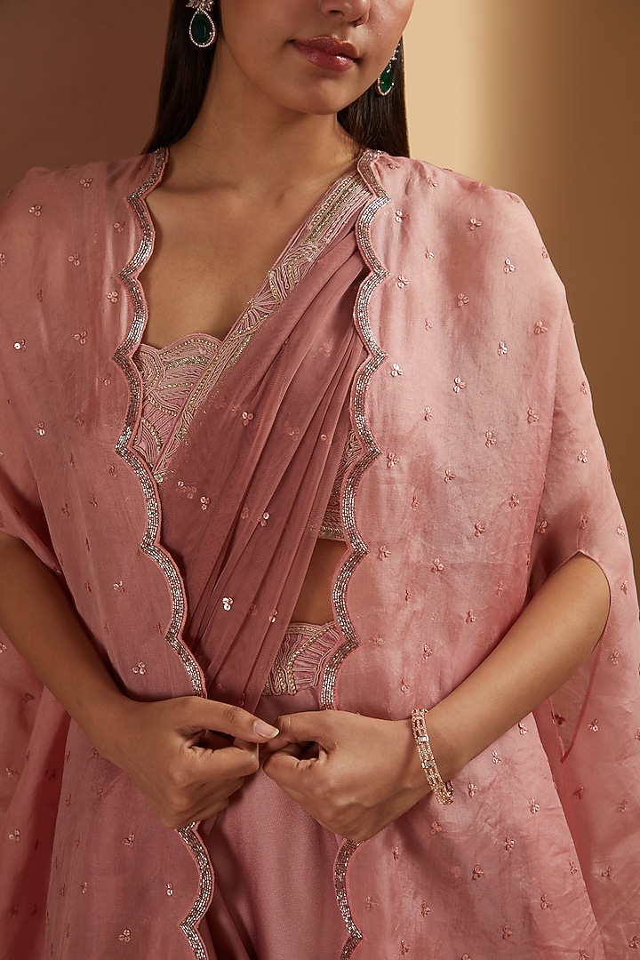 Antique Pink Organza Embroidered Cape Set by Yashodhara at Pernia's Pop Up Shop