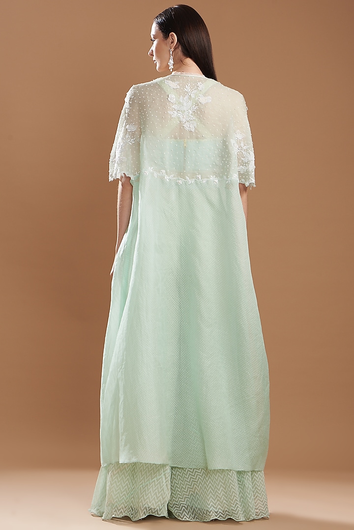 Aqua Organza Embroidered Cape Set by Yashodhara at Pernia's Pop Up Shop