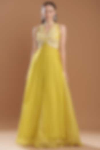 Yellow Organza Block Printed Dress by Yashodhara