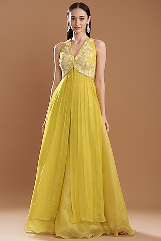 Yellow Organza Block Printed Dress by Yashodhara