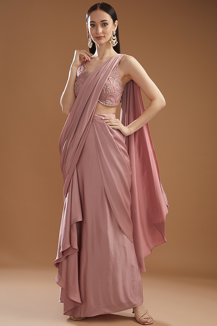 Antique Pink Satin Draped Skirt Set by Yashodhara