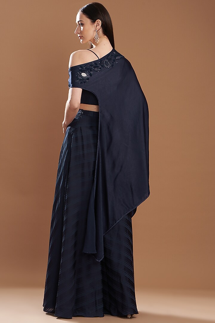 Dark Blue Silk Satin Embroidered Off-Shoulder Cape Set by Yashodhara at Pernia's Pop Up Shop