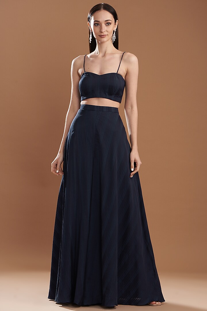 Dark Blue Silk Satin Embroidered Off-Shoulder Cape Set by Yashodhara at Pernia's Pop Up Shop