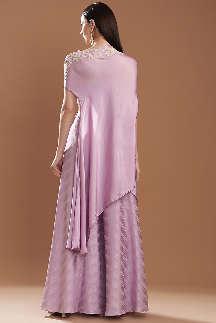Lilac Silk Satin Embroidered Off-Shoulder Cape Set by Yashodhara at Pernia's Pop Up Shop
