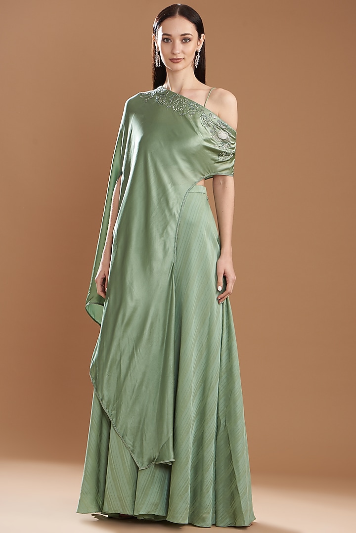 Teal Green Silk Satin Embroidered Off-Shoulder Cape Set by Yashodhara at Pernia's Pop Up Shop