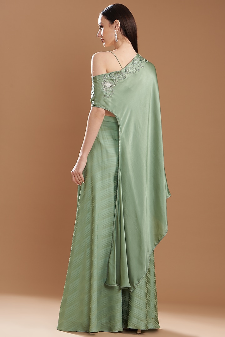 Teal Green Silk Satin Embroidered Off-Shoulder Cape Set by Yashodhara at Pernia's Pop Up Shop