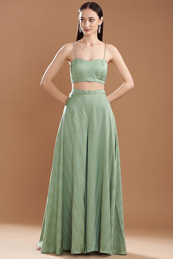 Teal Green Silk Satin Embroidered Off-Shoulder Cape Set by Yashodhara at Pernia's Pop Up Shop