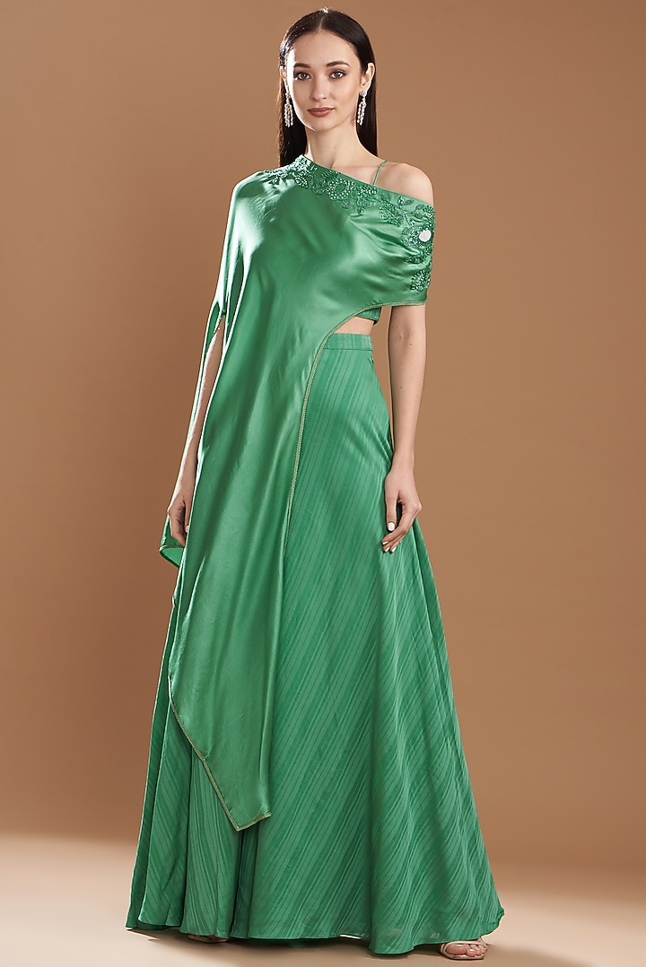 Dark Green Silk Satin Embroidered Off-Shoulder Cape Set by Yashodhara at Pernia's Pop Up Shop