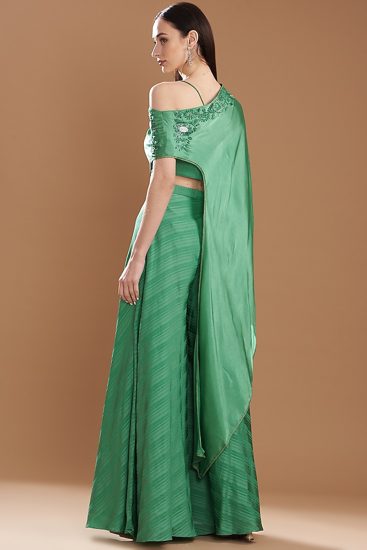 Dark Green Silk Satin Embroidered Off-Shoulder Cape Set by Yashodhara at Pernia's Pop Up Shop